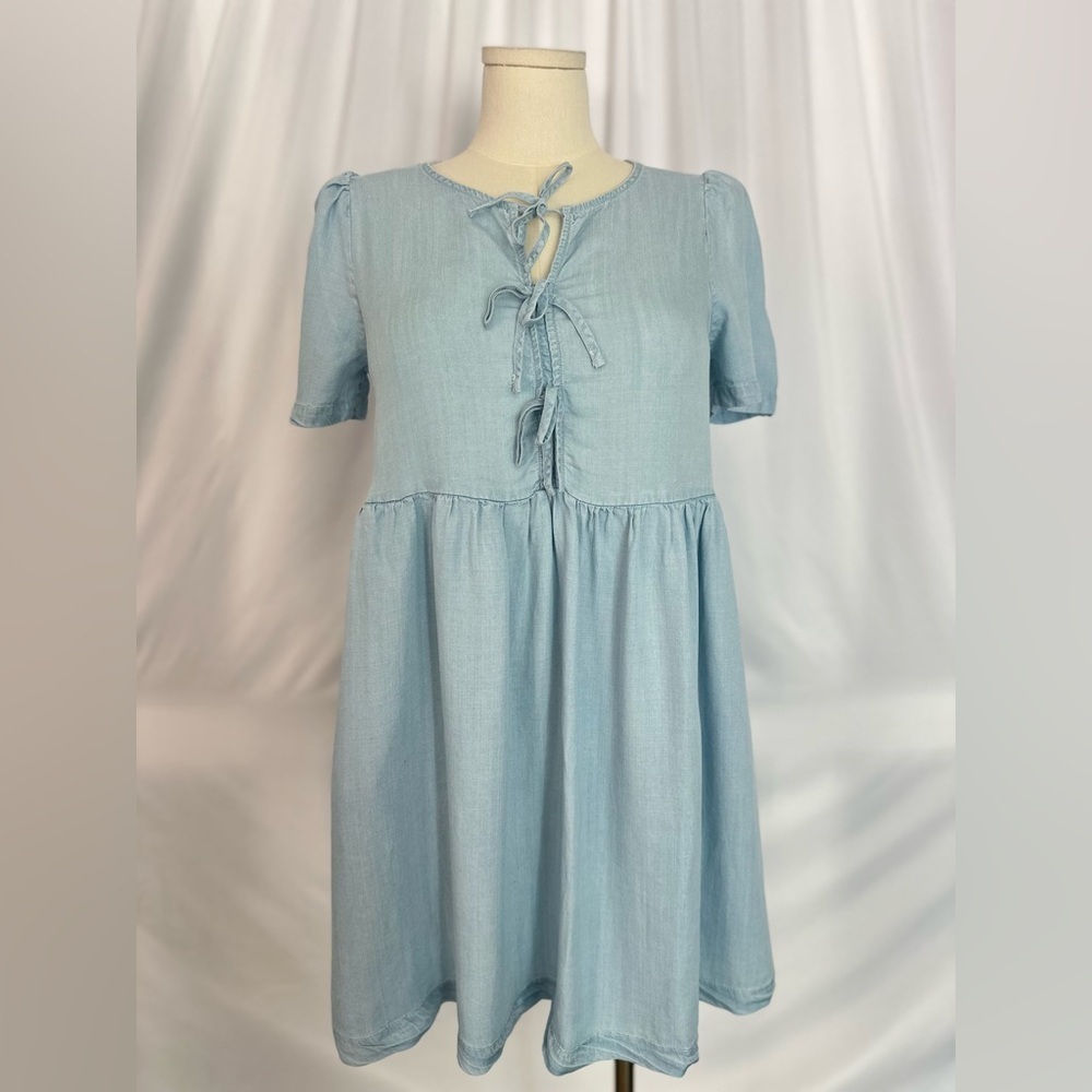 JANE + DELANCEY Blue Lyocell Babydoll Dress Tie Front Flowy Mini Size S (1265)